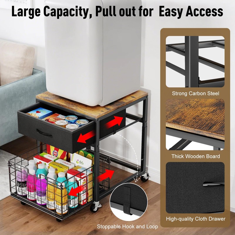 Housolution Mobile Mini Fridge Stand with Storage, Height-Adjustable Mini Beverage