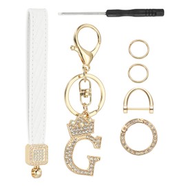 PATIKIL Leather Wristlet Keychain, Crown Design Initial Letter G Keychains with Key Ring and D Ring Car Keys Keychain Decorative Alphabet Key Chain for Bag Backpack DIY, Gold Tone