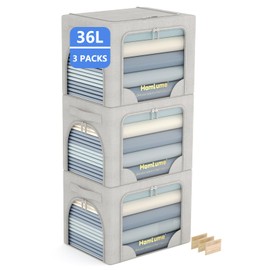 Homlume 3 Packs Storage Boxes for Clothes Collapsible Storage Bins with Cedar Wood Piece, Linen with Metal Supports and Durable Handles Metal Storage box,Clear Window with Zippers (Light Grey,24L)