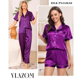 Vlazom Womens Silk Pyjamas, Satin Pyjamas Sets Ladies Silky Sleepwear 3 Piece Short Sleeve Pjs Set Button Down Loungewear Purple,XL