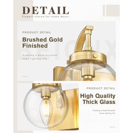 Beionxii 4-Light Bathroom Vanity Light Fixtures, 3 Light Brushed Gold Bathroom Light Fixtures with Clear Glass Shade, Modern Wall Sconces Lighting Over Mirror, Living Room, Hallway, BX-VL03BG-4CG