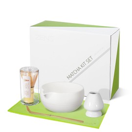 ZENS Matcha Whisk Set, 15oz Matcha Bowl with Spout, Matcha kit with Whisk Holder (Chasen) and Bamboo Scoop, Tea Towel, 5pcs Matcha Tea Set for Matcha Lovers Gifts, White