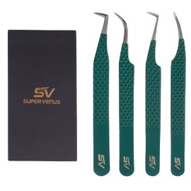 SV Lash Tweezers | Lash Extension Tweezers Set | 5Pcs Stainless Steel Eyelash Extension Tweezers Set | Volume/Isolation Nail Art Curved Tweezers (Green 4 Pc)