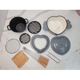 HAWOK Enameled Cast Iron Heart Shaped Cheese Fondue Set Gray