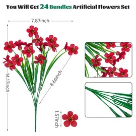 Lnoicy 24 Pcs Artificial Flowers for Outdoor,Plastic Flowers Decoration, UV Resistant Faux Flowers Shrubs, Artificial Plants for Indoor Outside Garden Home Wedding Farmhouse(Red)