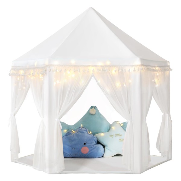Monobeach White Princess Tent Girls Tassel Decor Large Playhouse Kids Castle Play Tent with Star Lights Toy for Children Indoor and Outdoor Games, 55'' x 53'' (White Princess Tent with Tassel)