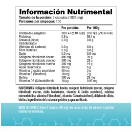 Triple colgeno (Marino, Porcino y Bovino) De Tipo 1, 2 Y 3  cido Hialurnico y Biotina - Con vitamina C, D3 Y E - 200 Cpsulas - SV - Sin Gluten y Sin  