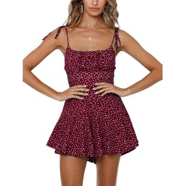 Jeanewpole1 Womens Summer Spaghetti Strap Jumpsuit Casual Flower Printed Beach Short Romper Wine Red