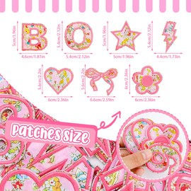 93PCS Floral Letter Patches Self-Adhesive Embroidered Pink Flower Lightning Star Bow Heart Stickers Cute Varsity Fabric Applique for DIY Clothing Jackets Backpacks Trucker Hats Bags Repair Art Crafts
