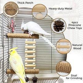 Jevnd Heavy-Duty Wood Bird Ladder Platform, Edible Bird Perches for Cage with Pinecones Chew Toys, Natural Hanging Parrot Perch Bridge, Climbing Play Stand for Parakeet Conure Cockatiel Budgie Quaker