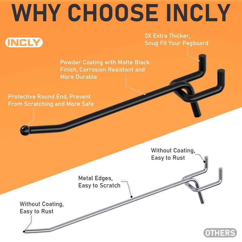 INCLY 60 Pack 4/6/8 Inch Heavy Duty Pegboard Hooks for