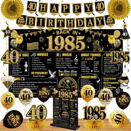 40th Birthday Decorations Kit for Men Women, Black Gold 24PCS Back in 1985 Banner Decorations, Vintage 1985 Banner Wooden Table Sign Poster Hanging Swirl Balloons Papar Fans Cheers to 40 years