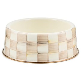 MACKENZIE-CHILDS Enamel Pet Bowl, Cute Cat and Dog Bowl for Food and Water, Large, Brown-and-White Mocha Check