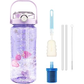 HOSECES 1.5L Water Bottle with One Filter 49oz,Fitness Hydration Water Bottles with Straw & Time Marker, Leak Proof Sports Water Jug with Handle -BPA Free-For Office & Outdoor Sports (Clear Purple)