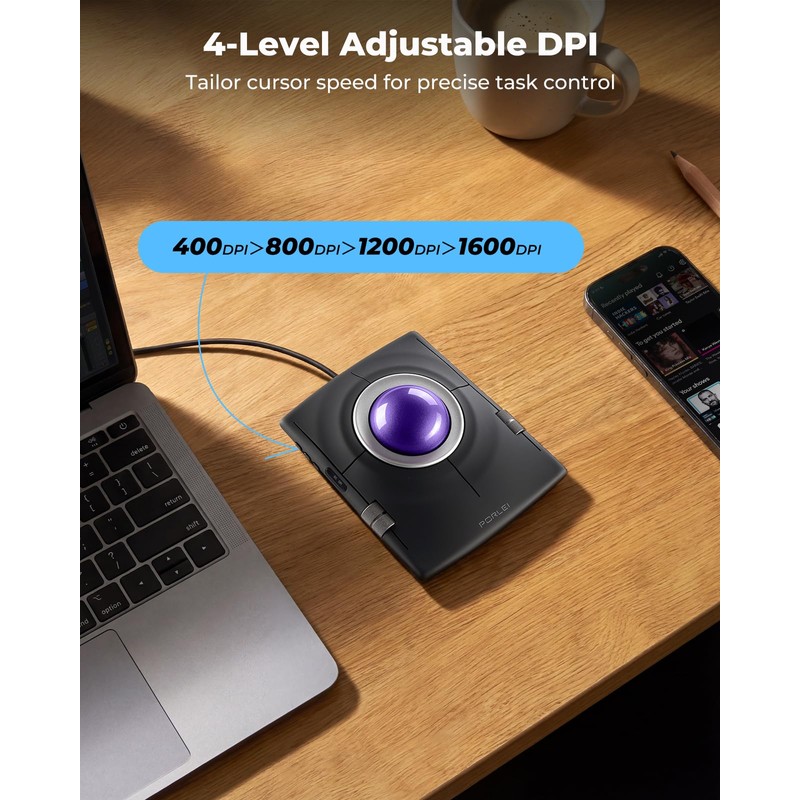 PORLEI Wired Trackball Mouse, Ergonomic Finger Control Trackball with 55mm