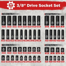 EGOFIX 3/8" Drive Impact Socket Set, 90 Piece Metric Socket (6-22mm) and Standard SAE Size (5/16-15/16 inch) 6 Point, with 72-Teeth Ratchet Wrench, Mechanics Tool Kit for Automotive Repair