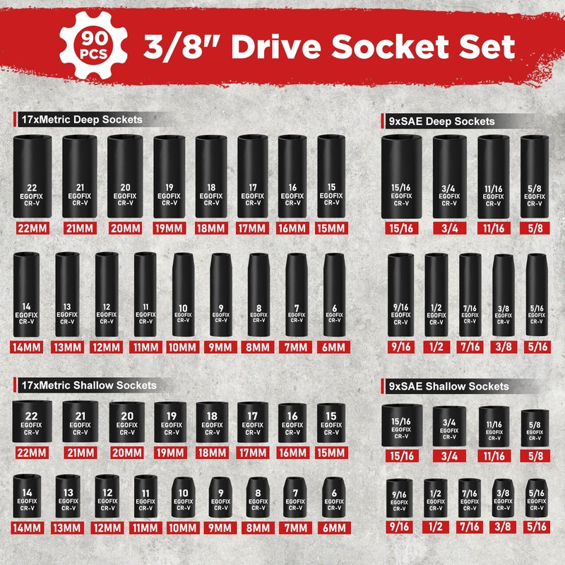 EGOFIX 3/8" Drive Impact Socket Set, 90 Piece Metric Socket