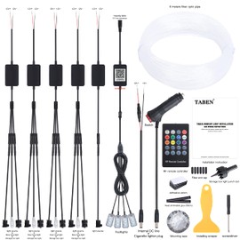 TABEN Car Ambient Light Kit, 6 Metres Integrated Fibre Optic Multicoloured Footwell Atmosphere Lighting Music Sync Sound Active Memory Function Remote Control and Bluetooth App Control DC 12V-24V