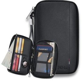 F & EN CO Leather Passport Holder Wallet Family with Airtag Holder RFID Blocking – Travel Wallet, Air Tag Holder, Spacious Design, Dual Zippers, Spill-Resistant