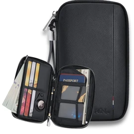 F & EN CO Leather Passport Holder Wallet Family with Airtag Holder RFID Blocking – Travel Wallet, Air Tag Holder, Spacious Design, Dual Zippers, Spill-Resistant