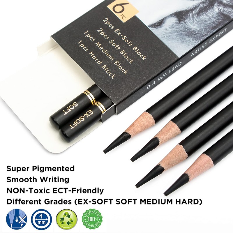 Brusarth Professional Charcoal Pencils Drawing Set - 6 Pieces Soft