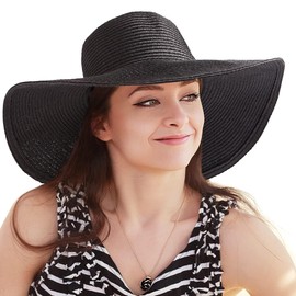 Womens Beach Sun Straw Hat - Black Hat UV Protection Travel Wide Brim Hat Summer Size 58cm, for 22-22 7/8" (7, 7 1/8, 7 1/4)