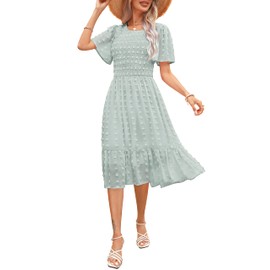 Women Spring 2025 Summer Spring Short Flutter Sleeve Round Neck Swiss Dot Casual Swing Flowy Ruffle Tiered Smocked Midi Dress Light Green M
