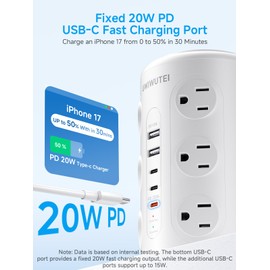 Tower Power Strip with 1 Dedicated PD 20W Fast-Charging Port, 12 Outlets, 5 USB Ports (3 USB-C), 1800J Protector, Desk Charging Station for Multiple Devices,10FT Extension Cord, Home Office Essentials