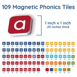 Learning Letters by Four Dublee - 109 Phonics Letter Tiles with Magnetic Spelling Board and Sound Boxes. Includes Letter Tiles Organizer Bags and Storage Box