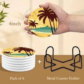 Drink Coasters with Holder,6 Pcs Palm Trees Beach Sunset Absorbent Ceramic Coasters with Cork Base,Cute Funny Table Drinks Coasters,Table Home Decor,4 Inches