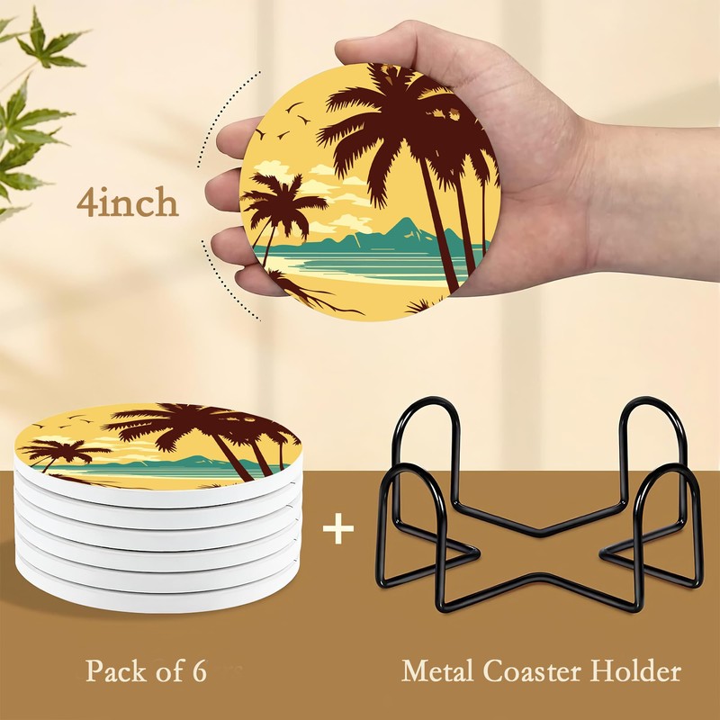 Drink Coasters with Holder,6 Pcs Palm Trees Beach Sunset Absorbent