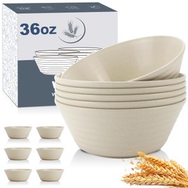 Wrova Wheat Straw Bowl Sets,6 PCS Unbreakable Cereal Bowl 36 OZ,Microwave and Dishwasher Safe Bowls,Soup Bowl Sets for Serving Soup,Oatmeal and Salad （Beige）