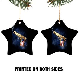 USA American Flag 2nd Amendment Golden Gun Star-Shaped Porcelain Holiday Christmas Tree Ornament - 3.1"