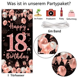 18th Birthday Decoration Banner Black Rose Gold - Happy 18th Birthday Background Door Banner 18th Birthday Decoration, Birthday Banner for 18 Years Girls Birthday Party 185 x 90 cm
