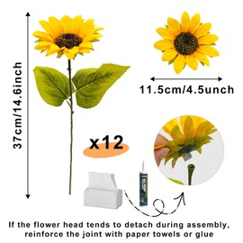 YILIUFA 12Pcs Sunflowers Artificial Flowers with Stems Fake Silk Flower Faux Sunflower Arrangement for Wedding Party Table Centerpieces Bride Bouquet Home Office Indoor Outdoor Decor (Yellow)