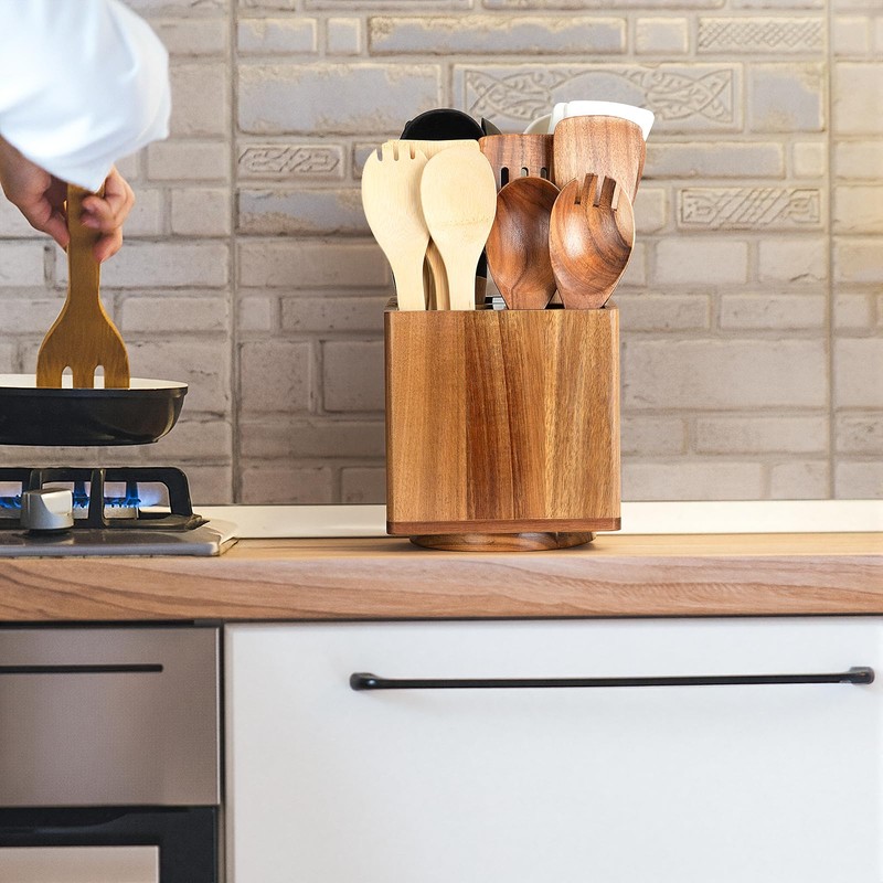 NACIMAX Acacia Wood Extra Large Rotating Utensil Holder for Kitchen