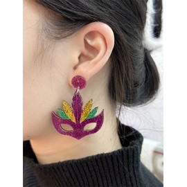 Acrylic Mardi Gras Mask Dangle Earrings for Women Hypoallergenic Purple Green Feather Fat Tuesday Carnival Statement Drop Dangling Stud Lightweight Cute Boho Holiday Party Jewelry