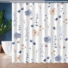 SHUNLCD Watercolor Floral Shower Curtain, Beige & Blue Flower Botanical Leaves Bathroom Decor, Modern Minimalist Waterproof Fabric Bath Curtain Set with 12 Hooks 72x72 Inches