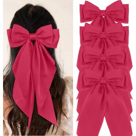 4pcs Big Hair Bows For Women Red Satin Bows Barrettes Cute Large Christmas Hair Bow Clips With Long Tail Valentines Day Hair Accessories For Women Girls Accesorios (Red, One size)