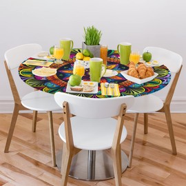 cfpolar Mandala Round Tablecloth with Elastic Edge, Ethnic Colorful Floral Washable Wipeable Tablecloth, Polyester Table Cover for Kitchen Dining Party Wedding Holiday Fits Round Table 45-50 in