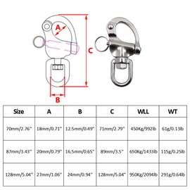 Small Snap Hooks, Pack of 2 Stainless Steel Quick Release Snap Hooks, Swivel Eyes, Snap Shackles for Sailing Boat, Spinnaker Halyard, 70 mm