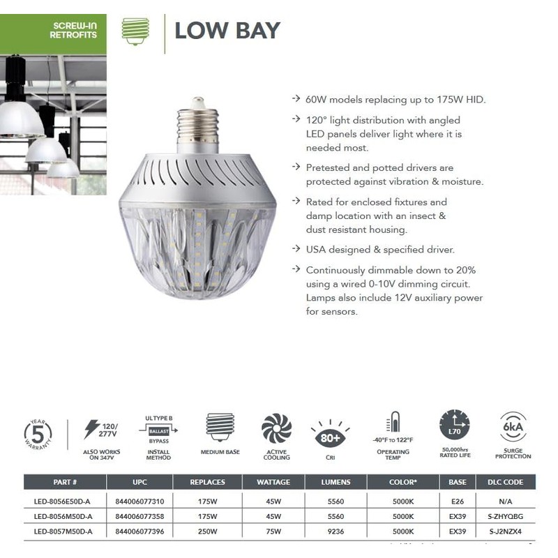 KastLite LED-8056M40D-A 45W Dimmable Low Bay LED Retrofit Bulb, 5334
