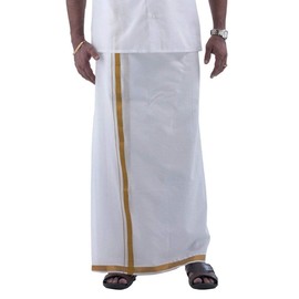 Kolakeer™ Men's Cotton Dhoti with Elegant Kasavu Zari Border - 1.8 Mtrs/4 Mulam/Single Layer South Indian Veshti Mundu (30K Gold Zari, White)