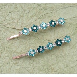 Ruwado 2 Pcs Bobby Pin with Rhinestone Flower Cute Crystal Metal Hair Pins Clips for Women Parties Theme Wedding Hair Decoration Theme Party Supplies (Blue)