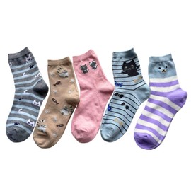 Mode Select Women's Socks, Cute, Cat Pattern, 5 Pairs Set, Women's, Cat Pattern, Cotton Blend, Thin, Spring, Summer, Stylish, 9.1 - 9.8 inches (23 - 25 cm), 5 Pair Set (Available in Patterns), Grey