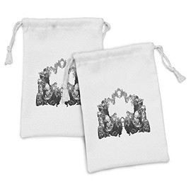 Ambesonne Victorian Fabric Pouch Set of 2, Frightened People Antique Sketch Art Floral Arch Flowers Leaves Western Culture, Small Drawstring Bag for Toiletries Masks and Favors, 9" x 6", Black White