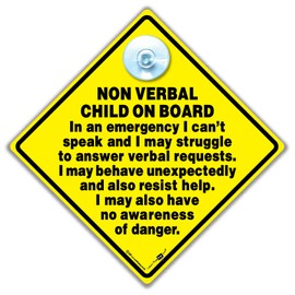 Non-Verbal Child on Board Car Sign, 14 x 14 cm, Yellow Diamond Warning Sign with Suction Cup, Autism Awareness Emergency Alert