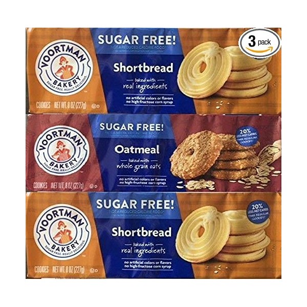 Voortman Sugar Free Shortbread Oatmeal Cookies 3 Pack - Shortbread & Oatmeal (3 8oz. Packs, Variety Pack)
