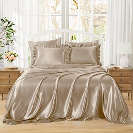 Homiest Ruffled Satin Sheets Full Size 6pc Set - Beige Bed Sheet Set with 15 Inch Deep Pocket Fitted Sheet, 1 Flat Sheet, 2 Ruffled Pillow Shams & 2 Pillowcases, Similar to Silk Sheets