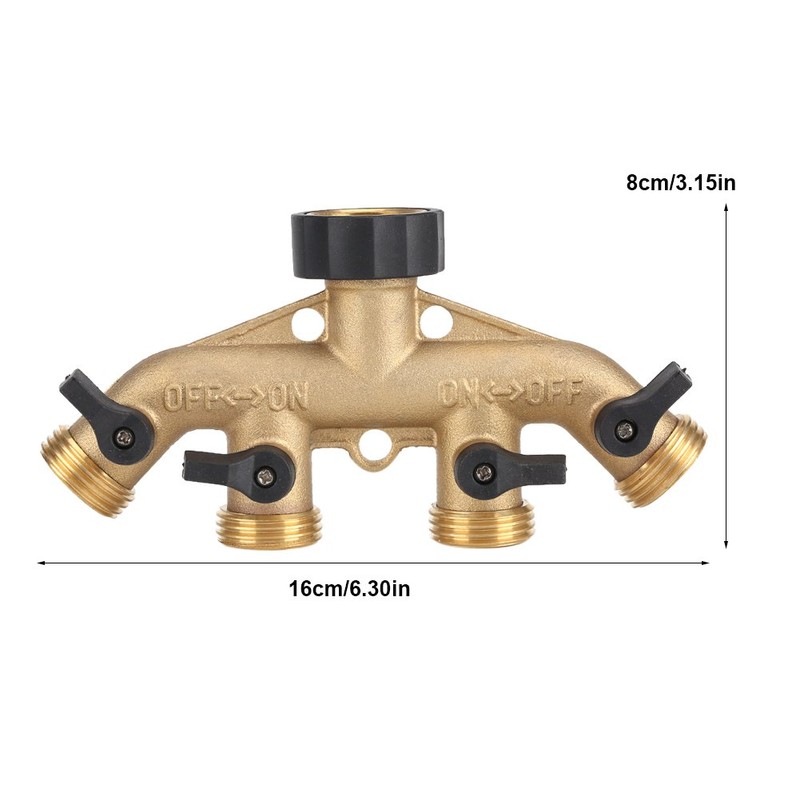 Garden Hose Splitter 4 Way Brass,3/4" Tap Splitter Shut Off